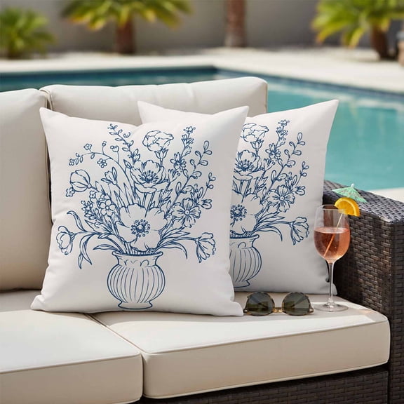 Floral Bouquet Outdoor Waterproof Throw Pillow Covers Set of 2, 16"x16", Rustic Vintage Blue Flower Ribbed Vase Line Art Decorative Pillow Covers Outside Cushion Case for Patio Porch Garden