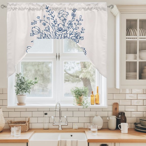 Floral Bouquet Swag Valance for Windows, Rustic Vintage Blue Flower Ribbed Vase Line Art Swag Curtains Valances for Small Window Treatment Rod Pocket for Kitchen Bathroom 1 Panel 56x36in