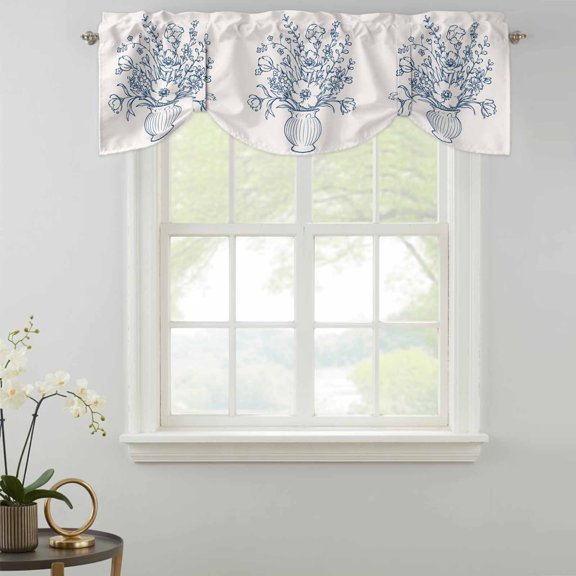 Floral Bouquet Tie Up Valances Curtain, Rustic Vintage Blue Flower Ribbed Vase Line Art Kitchen Valances for Windows Decor, Rod Pocket Short Curtains Set for Bedroom/Bathroom, 42"x12"