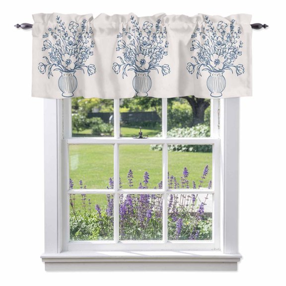Floral Bouquet Valance Curtain 1 Panel, Rustic Vintage Blue Flower Ribbed Vase Line Art Kitchen Valance with Rod Pocket Window Treatment Short Curtains for Bathroom Bedroom, 42 x 12 Inches