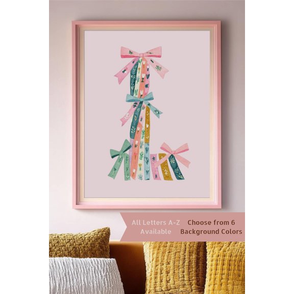 Floral Bow And Ribbon Initial Print, Unframed Paper Poster 8x10in
