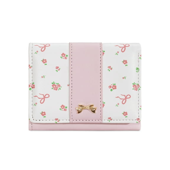Floral Bow Card Wallet, Elegant Tri-Fold Compact Purse with 7 Slots & ID Window, Soft PU Leather for Women Girls, Perfect Gift for Christmas/Valentine's Day,Baby Pink