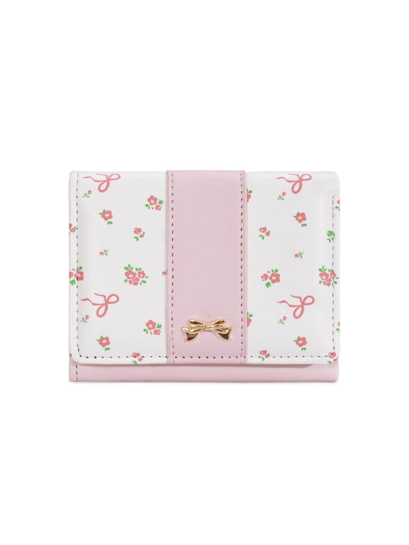 Floral Bow Card Wallet, Elegant Tri-Fold Compact Purse with 7 Slots & ID Window, Soft PU Leather for Women Girls, Perfect Gift for Christmas/Valentine's Day,Baby Pink