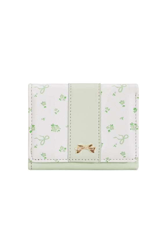 Floral Bow Card Wallet, Elegant Tri-Fold Compact Purse with 7 Slots & ID Window, Soft PU Leather for Women Girls, Perfect Gift for Christmas/Valentine's Day,Sage Green