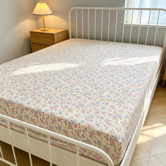Floral Bow Printed Muslin Bed Sheet Set,Soft Breathable Cotton Fabric Fitted Sheet,Stylish Bedding Cover for Dorm Bedroom Household Sleeping Decor,79x59 Inch