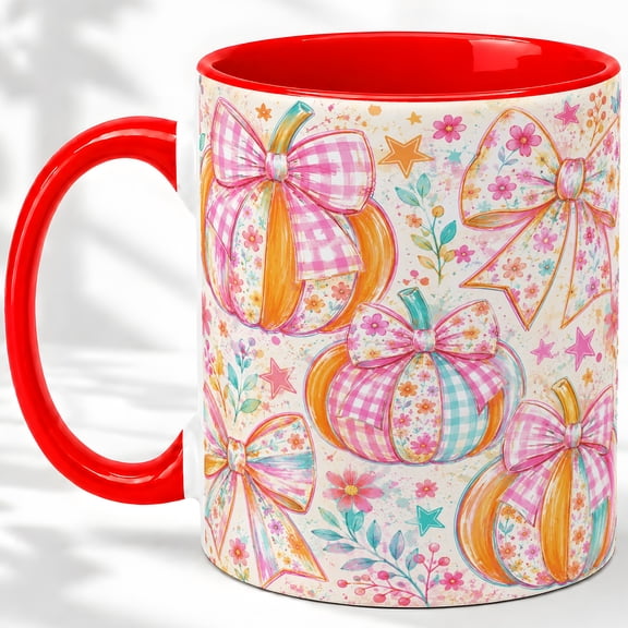 Floral Bow Pumpkin Accent Mug, 11oz Ceramic Coffee Cup for Fall Lovers Ceramic mug featuring floral pumpkins with pink bows, gingham, and stars for coffee or tea