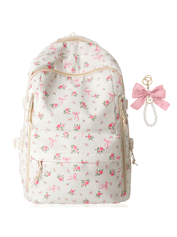Floral Bowknot Backpack - Sweet Countryside Design with Removable Charm - Perfect for Commuting, Traveling, and Parties