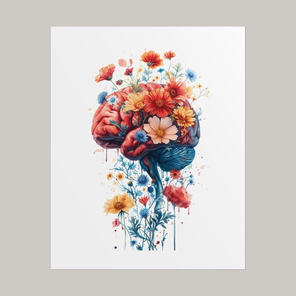 Floral Brain Neurology Wall Art Print, Unframed Paper Poster 8x10in