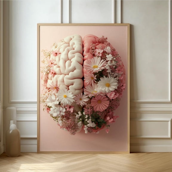 Floral Brain Print Vibrant Pink Anatomy Art Gallery Wall Decor