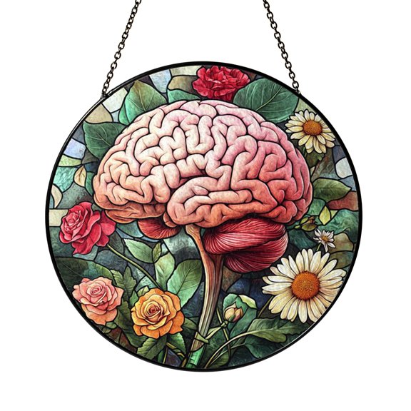 Floral Brain Stained Glass Window Hanging, Artistic Neuroscience Inspired Decor for Calm Reflective Home Spaces