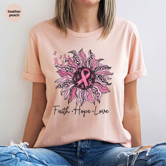 Floral Breast Cancer Shirts, Pink Ribbon Graphic Tees, Breast Cancer Clothing, Family Support Gifts, Sunflower Cancer Shirt, Flower Clothing All Size S-5Xl