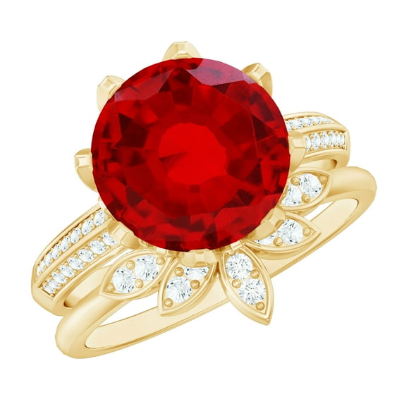 Rosec Jewels Floral Bridal Ring Set with Lab Created Ruby and Moissanite - AAAA Grade - 10 mm, 10K Yellow Gold, US 4.50