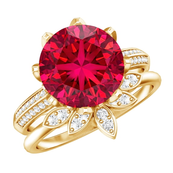 Floral Bridal Ring Set with Lab Created Ruby and Moissanite - 5 Carat - AAAA Grade, 10K Yellow Gold, US 4.50