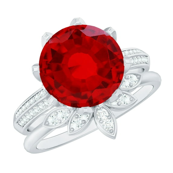 Rosec Jewels Floral Bridal Ring Set with Lab Created Ruby and Moissanite - AAAA Grade - 10 mm, 925 Sterling Silver, US 4.00