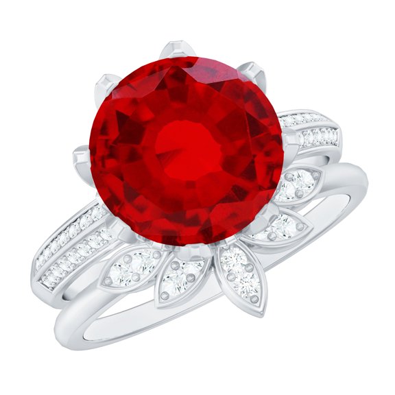 Floral Bridal Ring Set with Lab Created Ruby and Moissanite - 5 Carat - AAAA Grade, 925 Sterling Silver, US 5.50