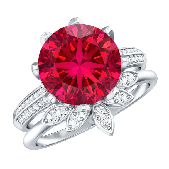 Floral Bridal Ring Set with Lab Created Ruby and Moissanite - 5 Carat - AAAA Grade, 925 Sterling Silver, US 5.50
