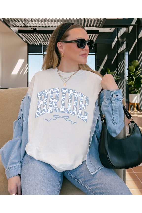 Floral Bride Shirt, Blue Toile Chinoiserie Coquette Bow T Shirt, Something Blue, Bridal Shower, Bridal Outfit, Engagement, Future Mrs All Size S-5Xl