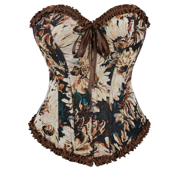 Floral Brocade Lace Trim Corset Bustier for Women Vintage Sweetheart Neckline Overbust Corset with Ribbon Bow Front Closure Brown M
