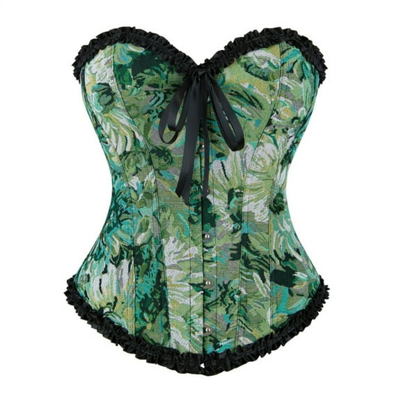 Floral Brocade Lace Trim Corset Bustier for Women Vintage Sweetheart Neckline Overbust Corset with Ribbon Bow Front Closure Dark Green 2XL