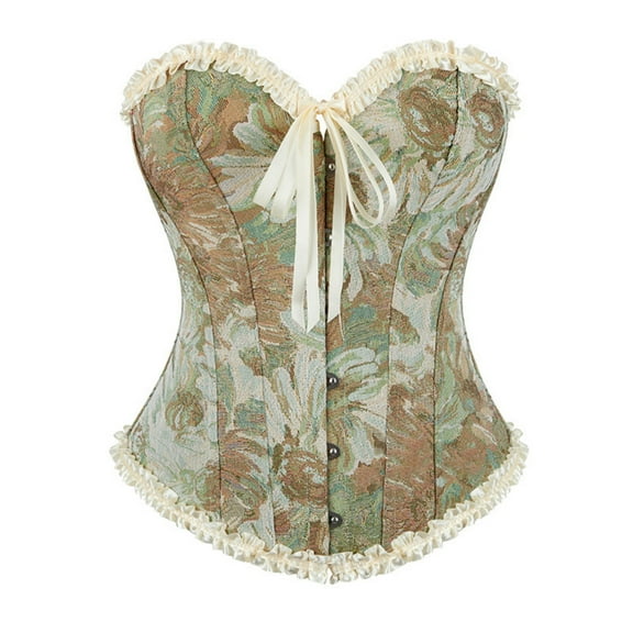 Floral Brocade Lace Trim Corset Bustier for Women Vintage Sweetheart Neckline Overbust Corset with Ribbon Bow Front Closure Green M