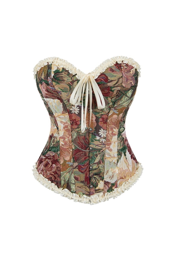 Floral Brocade Lace Trim Corset Bustier for Women Vintage Sweetheart Neckline Overbust Corset with Ribbon Bow Front Closure Red XS