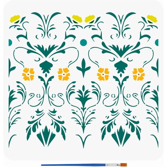 Floral Brocade Stencils with a Paint Brush 11.8x11.8Inch Flower Brocade Painting Stencils Botanical Brocade Drawing Template PET Plant Themes Template for Wall Fabric DIY Crafts Colorful DIY
