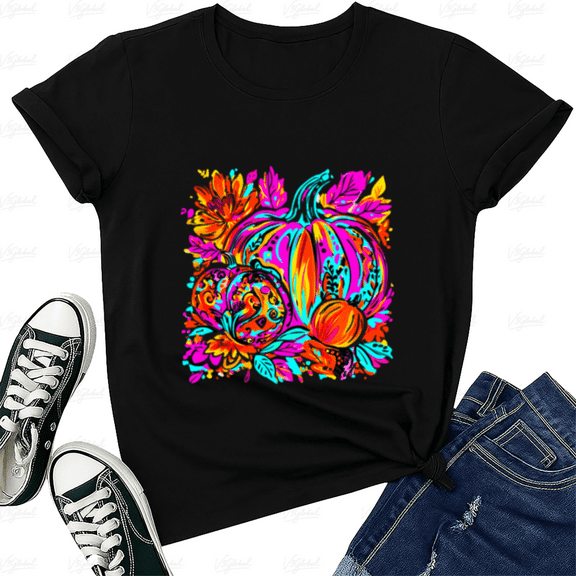 Floral Brushstroke Fall Pumpkin Autumn Season Graphic Unisex T-Shirt, up to size 5XL
