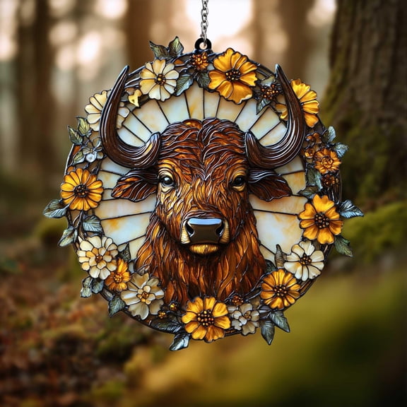 Floral Buffalo Acrylic Suncatcher fullxfull Faux Glass Bull Head Window Decor with Yellow Daisies for Farmhouse & Rustic Style