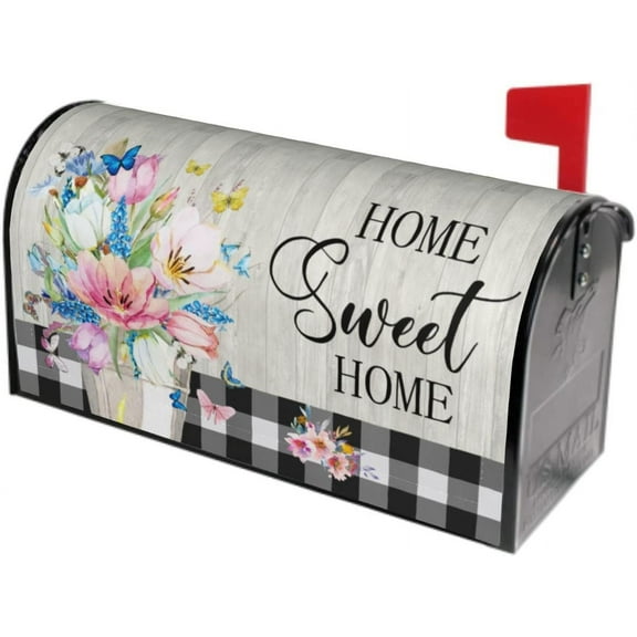 Floral Buffalo Plaid Mailbox Cover Spring Summer Flower Butterfly Magnetic Standard Size 25.5'''' x 21'''' Farmhouse Rustic Sweet Home Welcome Mail Box Garden Yard Decor for Outdoor