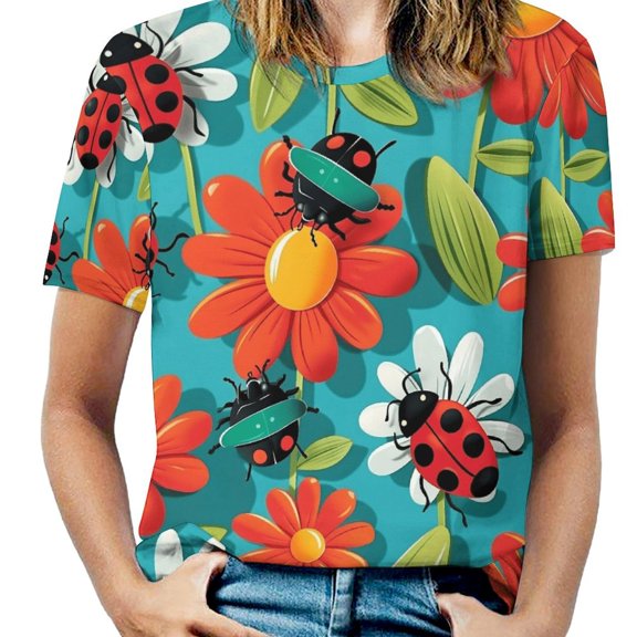 Floral Bugs Print Women's Short Sleeve T-Shirt Crew Neck Casual Summer Trendy Loose Fit Tops