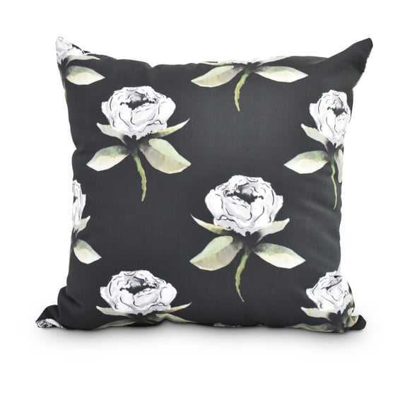 Floral Bunch 16 Inch Black Floral Print Decorative Throw Pillow