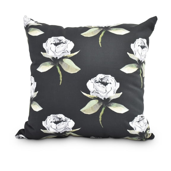 Floral Bunch 16 Inch Black Floral Print Decorative Throw Pillow