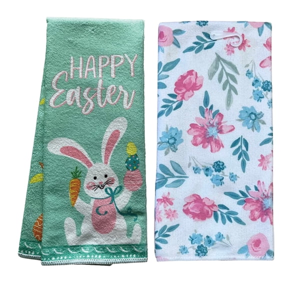 Floral and Bunny Decorative Kitchen Towels 25x15 in for Summer Easter Home Table Linen Hand Cleaning Cooking Baking Drying Dish Cloth Spring Holiday Party Decoration Housewarming Gift - 2 count
