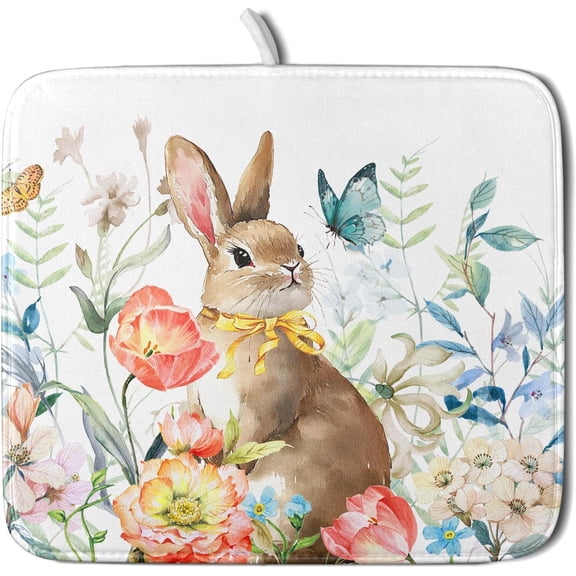 Floral Bunny Dish Drying Mat for Kitchen 16 X 18 Inch Spring Garden Butterfly Flowers Rabbit Dry Dishes Pads Mats Absorbent Countertops Counter Tableware Mat Protector Home Easter Decorations