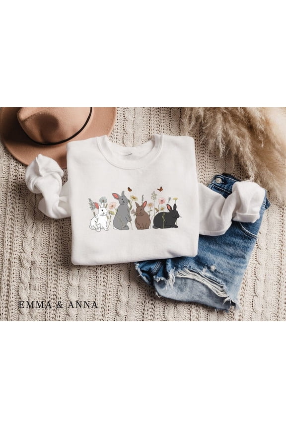 Floral Bunny Easter Sweatshirt, Rabbit Crewneck for Women, Spring Butterfly Shirt, Cute Bunny Sweater