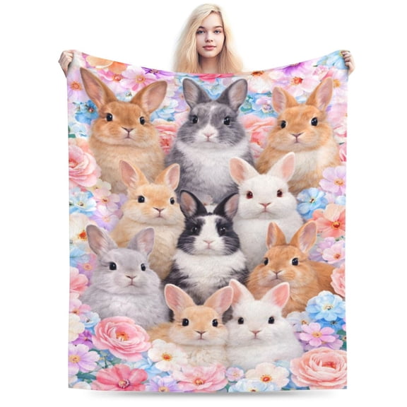 Floral Bunny Pattern Blanket, Spring Garden Rabbits Throw, Pastel Cottagecore Fleece Blanket for Easter Home Decor and Seasonal Gift 50x40