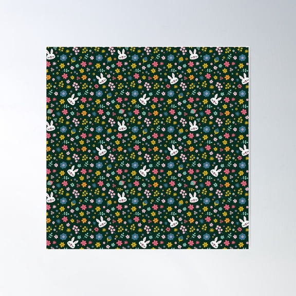 Floral Bunny Pattern Design Poster Wall Art, Modern Wall Decor For Living Room Bedroom, 16X16 UNFRAMED