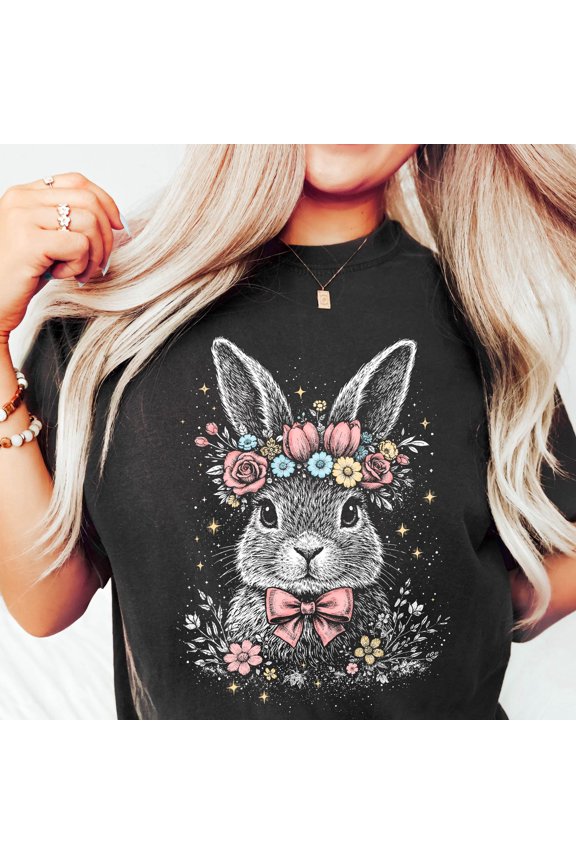 Floral Bunny Shirt Womenamp39s Easter Graphic Tee Rabbit Flower Crown Spring Apparel