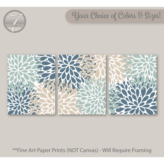 Floral Burst Wall Art Print Stone Blue, Tan Seafoam Home Bedroom Decor, Dorm Room Art Set of (3), Stretched Canvas