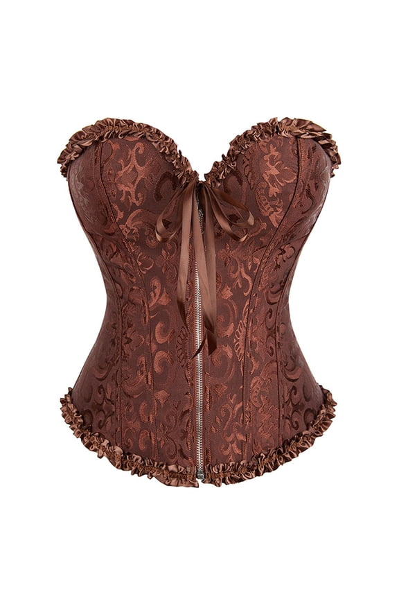 Floral Bustier Corsets for Women Zipper Ruffle Waist Cincher Corset Tops Jacquard Party Push-Up Bustiers Coffee, XXXXL