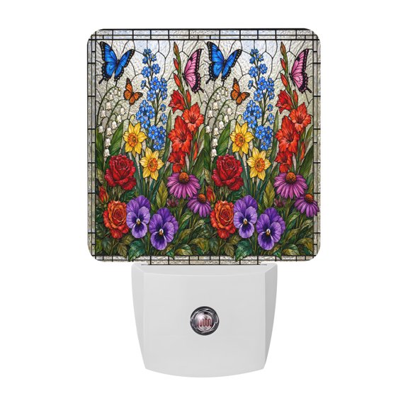 Floral Butterflies Night Light, Vintage Yellow Red Flower Stained Glass Window Plug in Night Lights with Dusk to Dawn Sensor, Energy Saving Multicolor LED Nightlight for Bedroom Bathroom, Auto On/Off