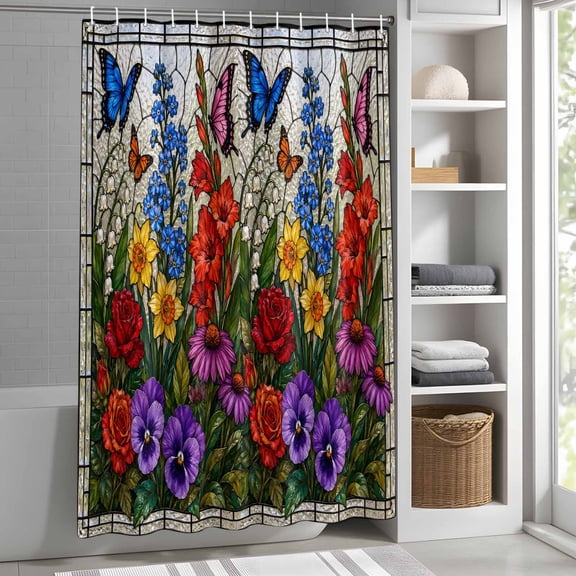 Floral Butterflies Shower Curtain for Bathroom, Vintage Yellow Red Flower Stained Glass Window Fabric Shower Curtain Set with Hooks, Waterproof Washable Bath Curtain for Bathroom Decor 36"x72"