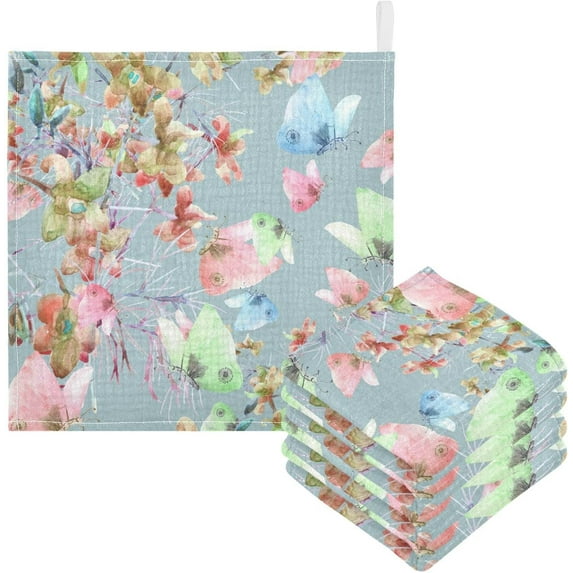 Floral Butterflies Spring Baby Muslin Washcloths Soft Absorbent Face Towel, Flowers Watercolor Burp Cloths Cotton Bath Wipes 5 Pack Infant Wash Cloth for Newborn Boys Girls 12x12 inches
