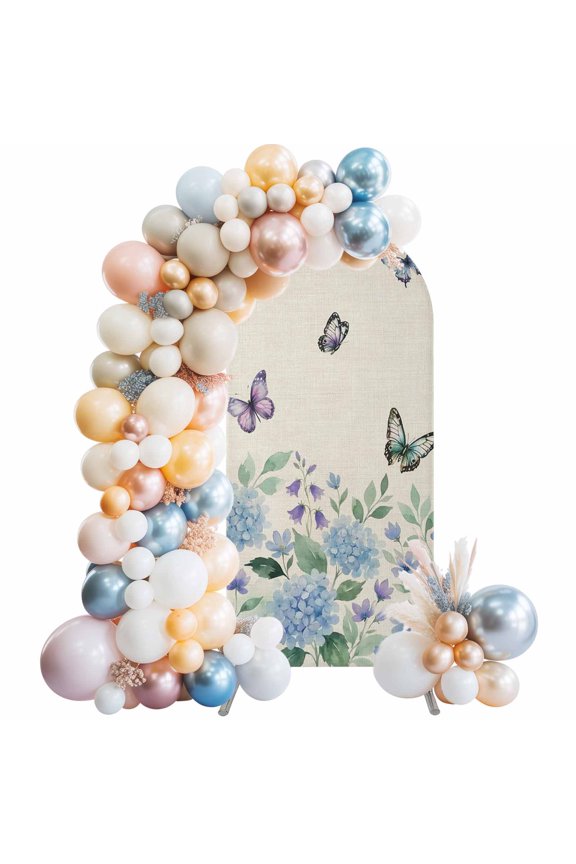 Floral Butterfly Arch Backdrop Cover 4 FT Watercolor Summer Blue Purple Floral Butterfly Linen Stretchy Arch Stand Covers Spandex Arched Background Birthday Wedding Party Decoration (No Stand)