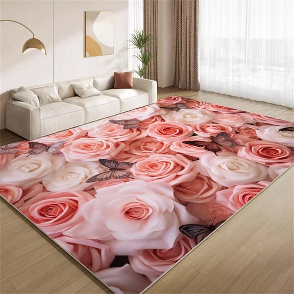 Floral Butterfly Area Rugs, Pink Rose Carpet, Washable Non Slip Low Pile Soft Rug for Bedroom Living Room Entryway Decor Mat 2ftx3ft