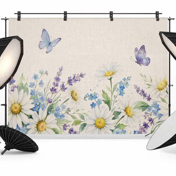 Floral Butterfly Backdrop for Photography, Summer Country Daisy Lavender Linen Texture Photo Backdrop Portrait Background Party Banner Photo Backgrounds for Studio Booth Props, 10x8ft