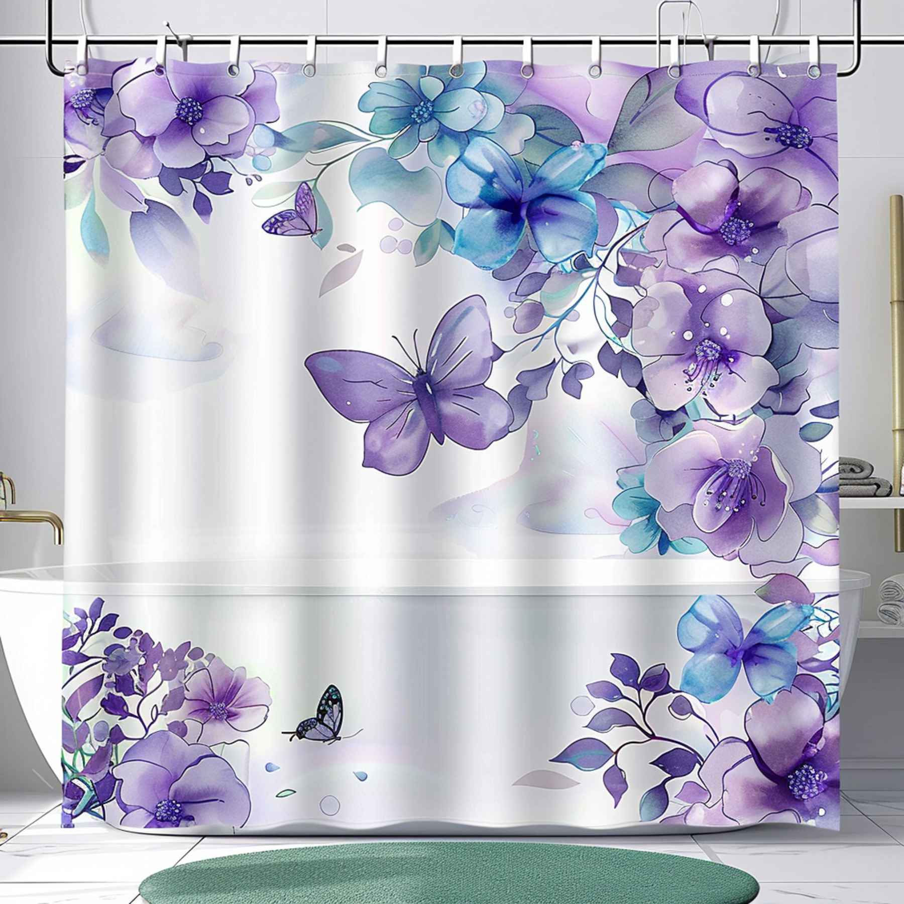 Floral Butterfly Bathroom Set Purple and Blue Flowers on White ...