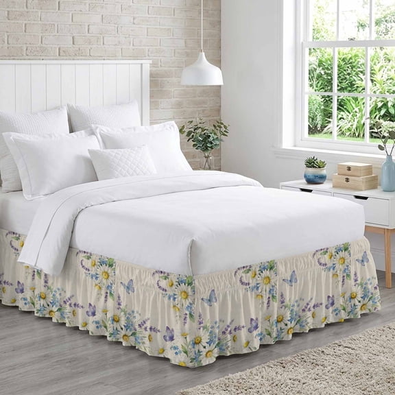 Floral Butterfly Bed Skirt Queen Size 16 Inch Drop, Summer Country Daisy Lavender Linen Texture Adjustable Elastic Dust Ruffles Bedskirt for Queen Bed Wrap Around Pleated Mattress Frame Cover