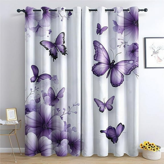 Floral And Butterfly Blackout Curtains, Thermal Insulated Room Darkening Grommet Drapes For Living Room & Bedroom, Purple Flower Butterflies Window Treatments 53"W x 84"L (Pack of 2)