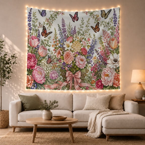 Floral Butterfly Bouquet With Peonies and Butterflies, Whimsical Watercolor Style for Flower Lovers Botanical Wall Art, Mother's Day Gift Tapestry Wall Hanging for Bedroom and Living Room